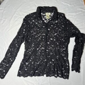 VTG ICE Womens Black Floral Lace Button Down Long Sleeve Blouse Top Size Large